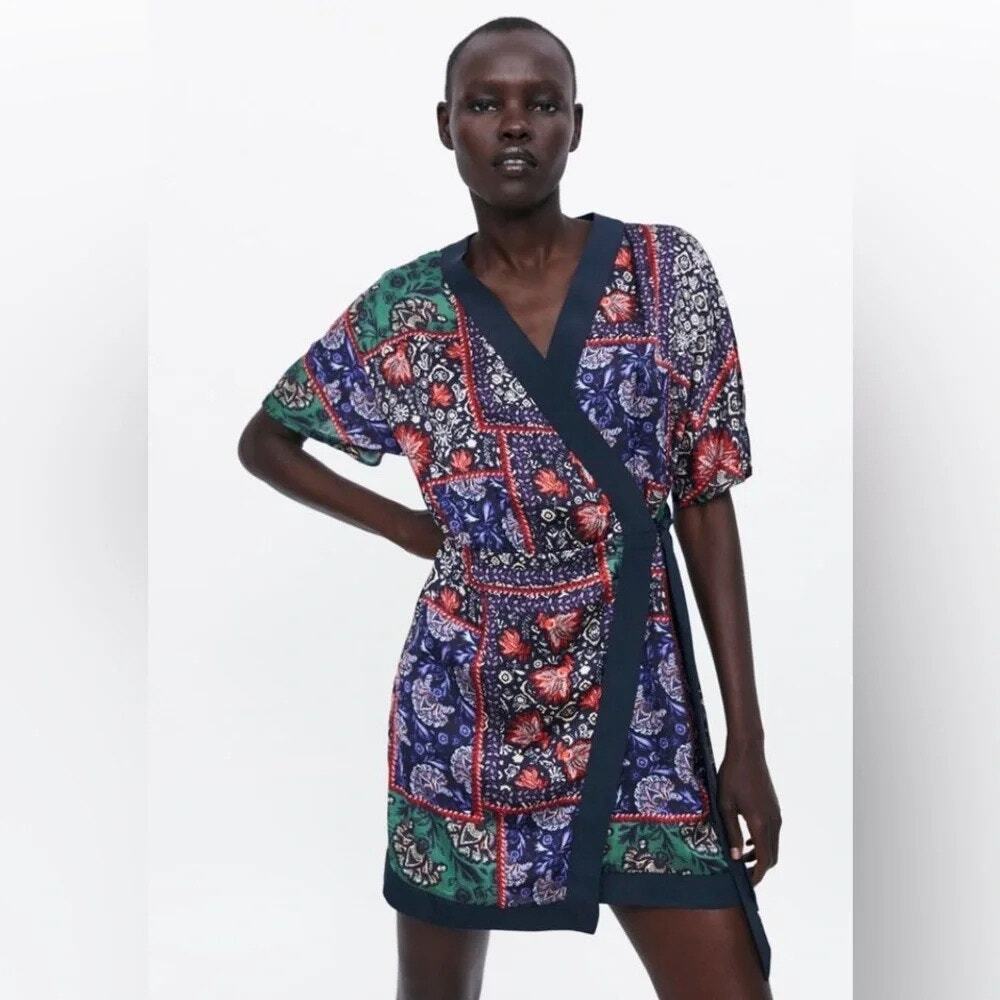 Zara Blue & Green Colorblock Floral Kimono Printed Faux Wrap Mini Dress Women XS